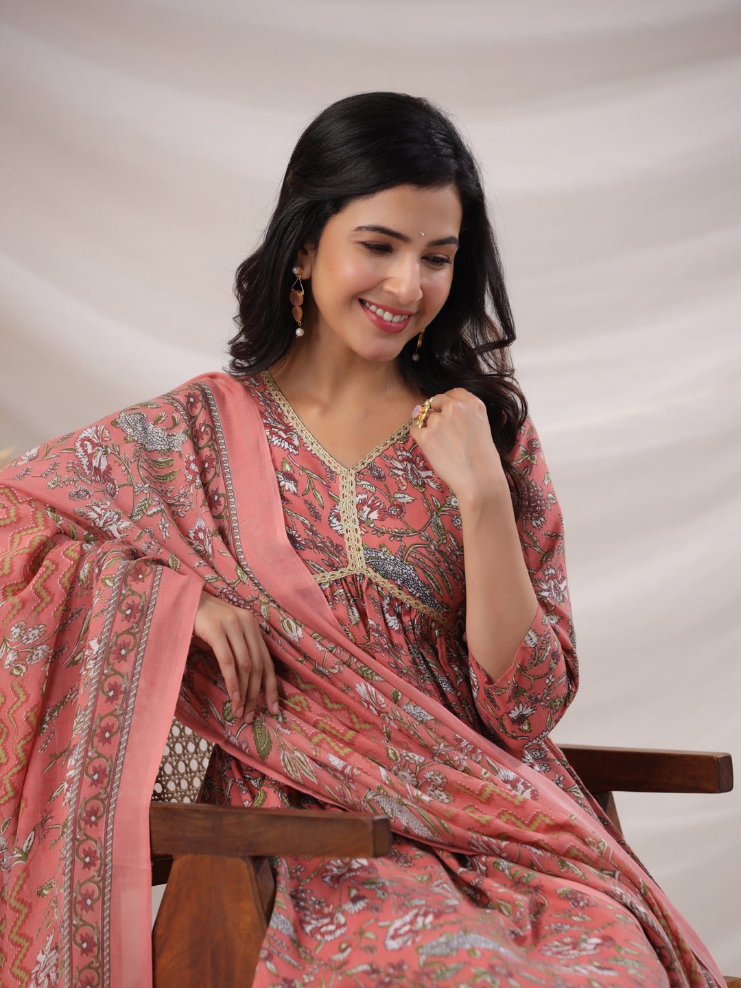 Janasya Pleated Poly Cotton Peach Floral V-Neck Kurta,Bottom & Dupatta | Grocsy