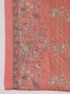 Janasya Pleated Poly Cotton Peach Floral V-Neck Kurta,Bottom & Dupatta | Grocsy