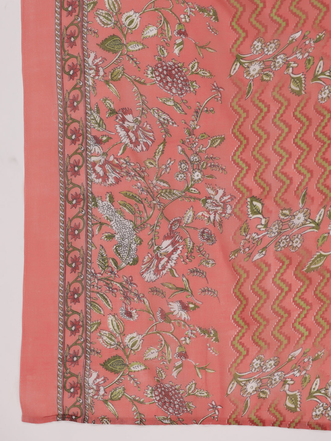 Janasya Pleated Poly Cotton Peach Floral V-Neck Kurta,Bottom & Dupatta | Grocsy