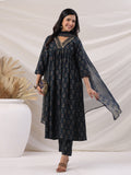 Janasya Pleated Biscuit Slub Teal Ethnic Motifs V-Neck Kurta,Bottom & Dupatta | Grocsy
