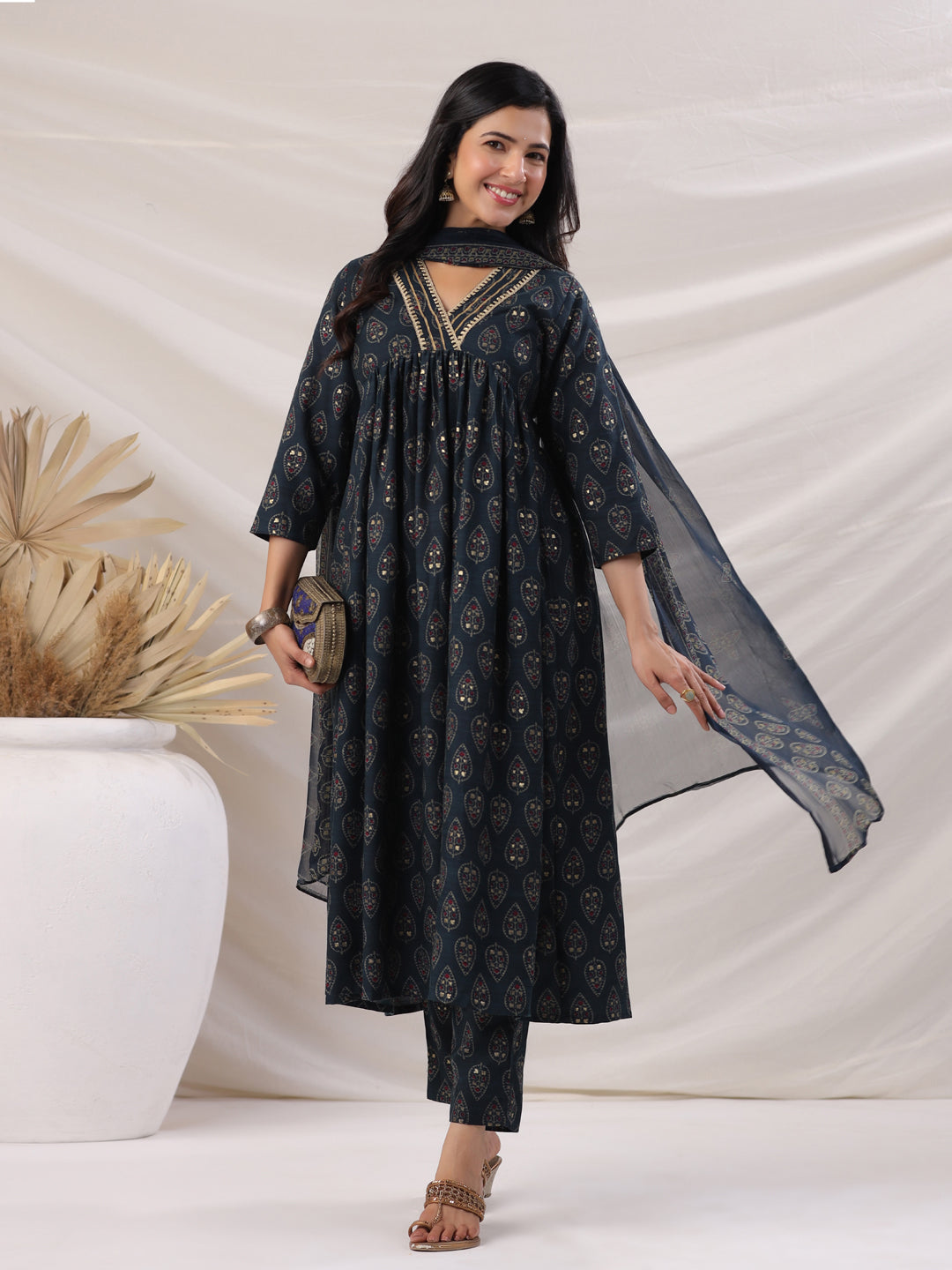 Janasya Pleated Biscuit Slub Teal Ethnic Motifs V-Neck Kurta,Bottom & Dupatta | Grocsy