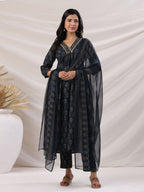 Janasya Pleated Biscuit Slub Teal Ethnic Motifs V-Neck Kurta,Bottom & Dupatta | Grocsy