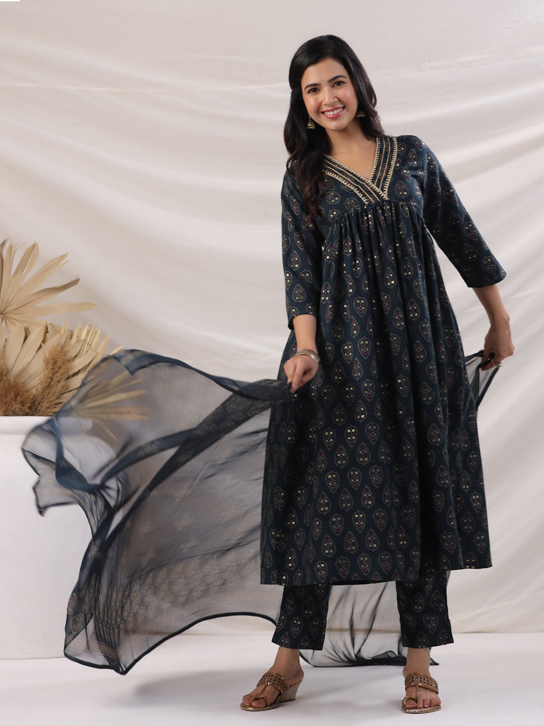 Janasya Pleated Biscuit Slub Teal Ethnic Motifs V-Neck Kurta,Bottom & Dupatta | Grocsy