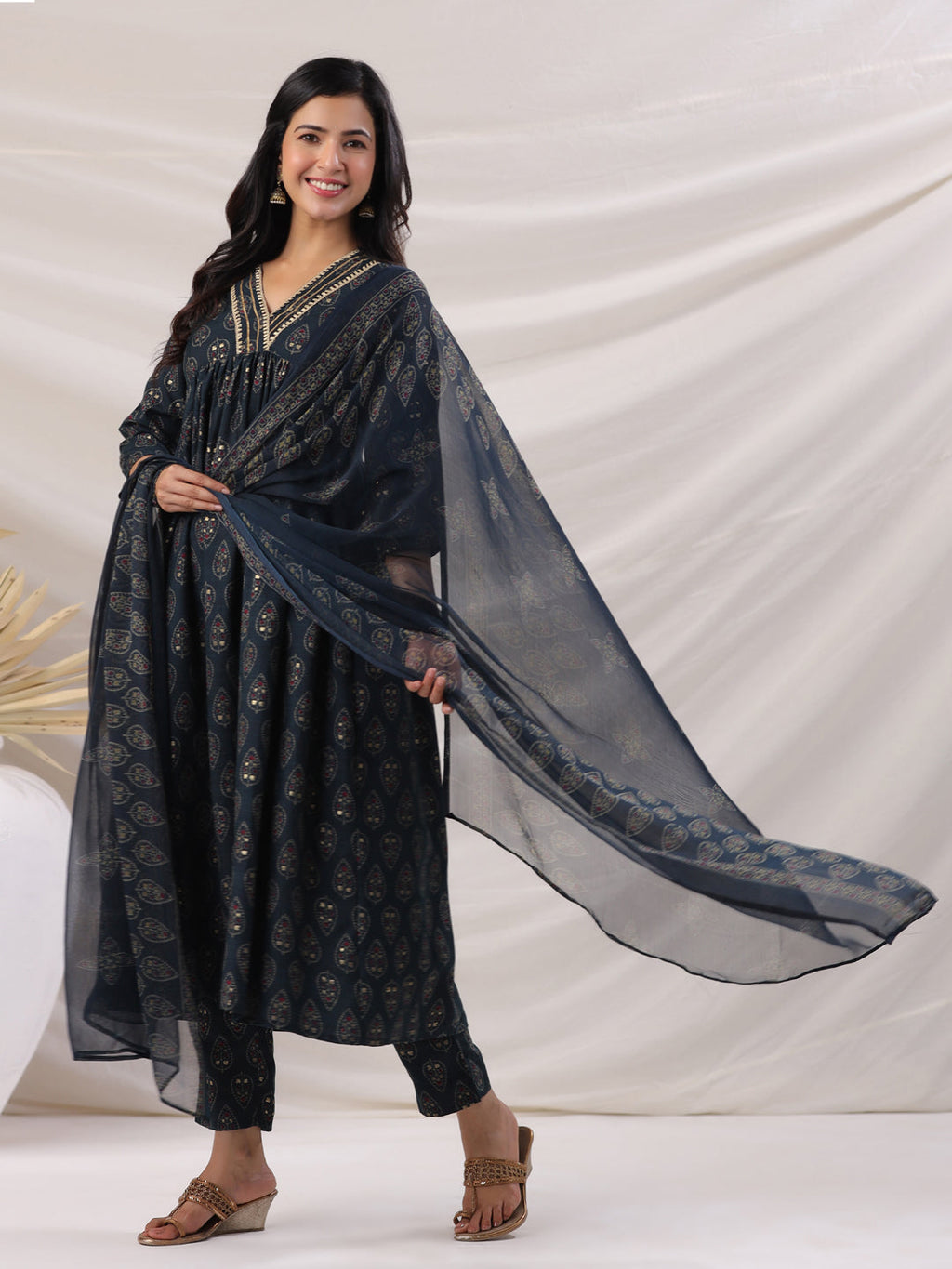 Janasya Pleated Biscuit Slub Teal Ethnic Motifs V-Neck Kurta,Bottom & Dupatta | Grocsy