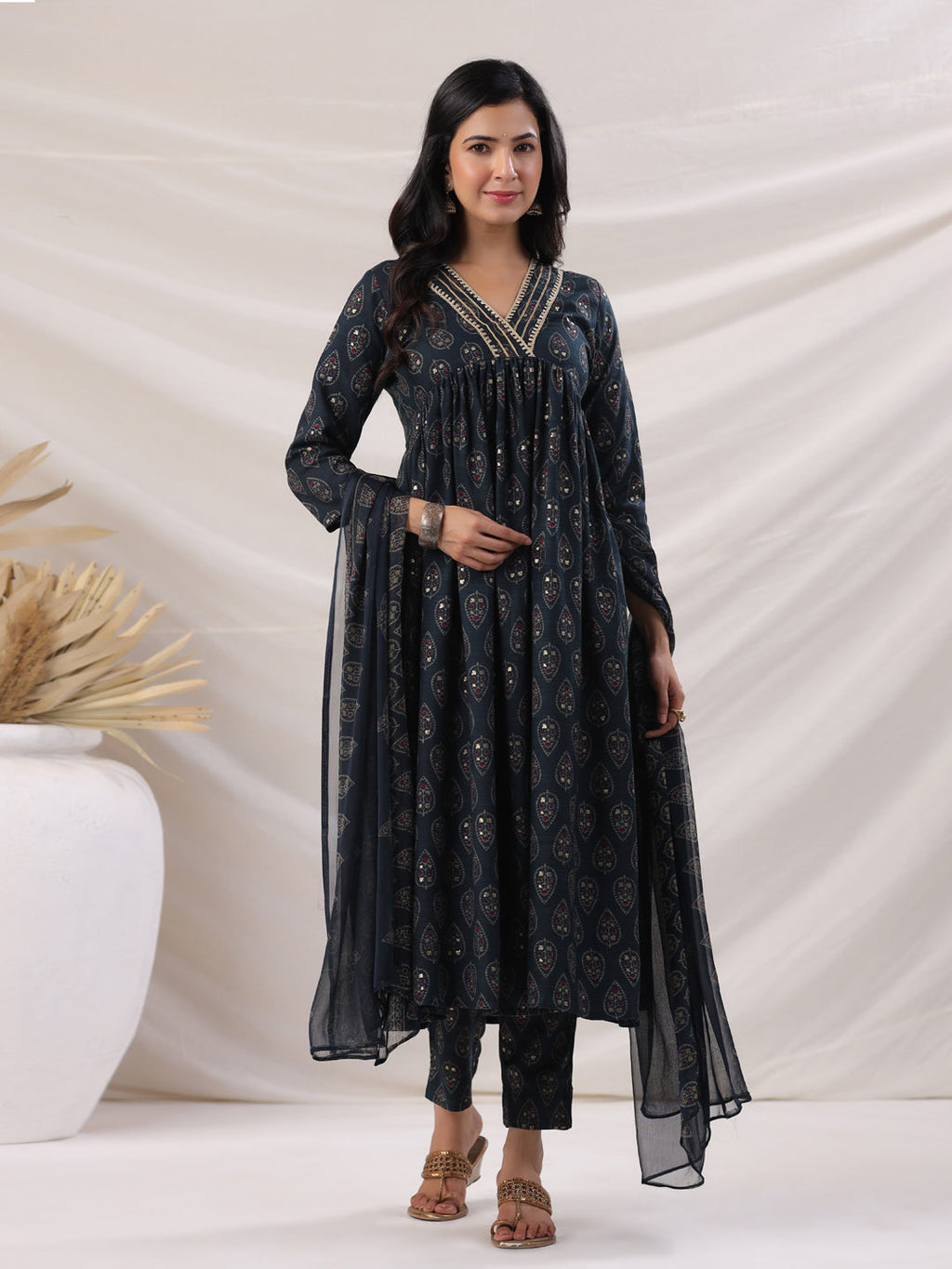 Janasya Pleated Biscuit Slub Teal Ethnic Motifs V-Neck Kurta,Bottom & Dupatta | Grocsy
