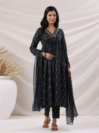 Janasya Pleated Biscuit Slub Teal Ethnic Motifs V-Neck Kurta,Bottom & Dupatta | Grocsy