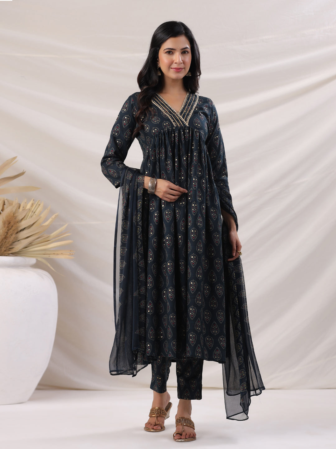 Janasya Pleated Biscuit Slub Teal Ethnic Motifs V-Neck Kurta,Bottom & Dupatta | Grocsy