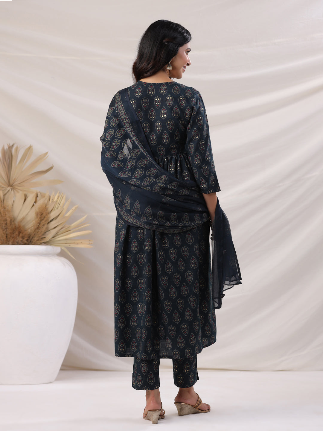 Janasya Pleated Biscuit Slub Teal Ethnic Motifs V-Neck Kurta,Bottom & Dupatta | Grocsy