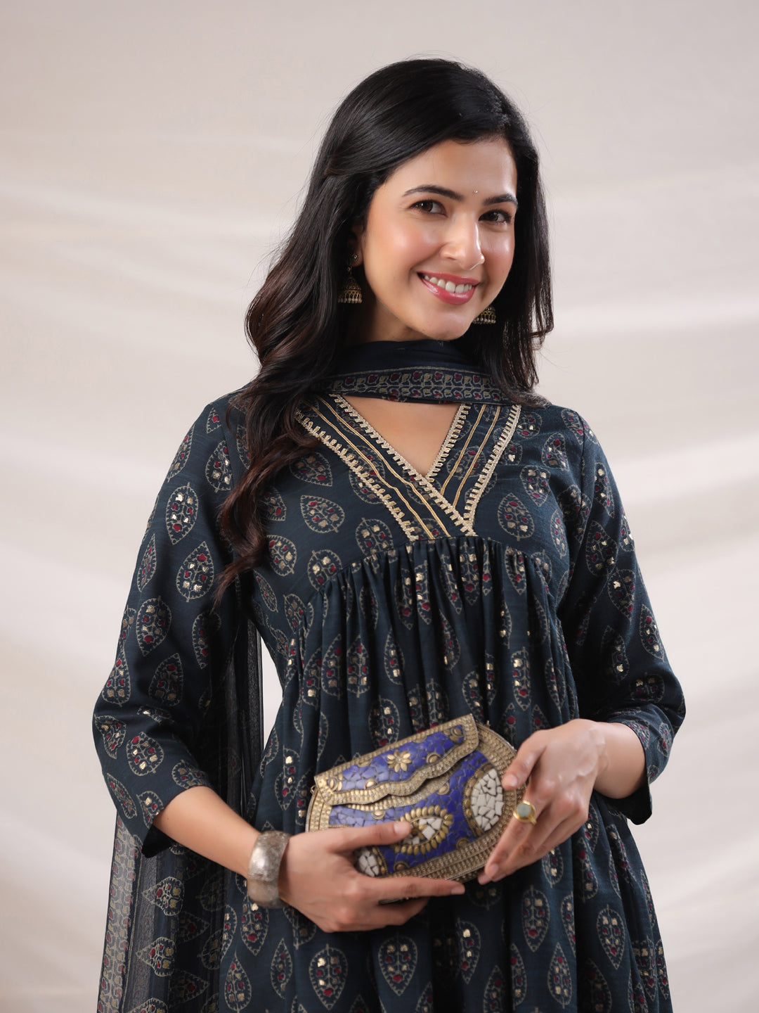 Janasya Pleated Biscuit Slub Teal Ethnic Motifs V-Neck Kurta,Bottom & Dupatta | Grocsy