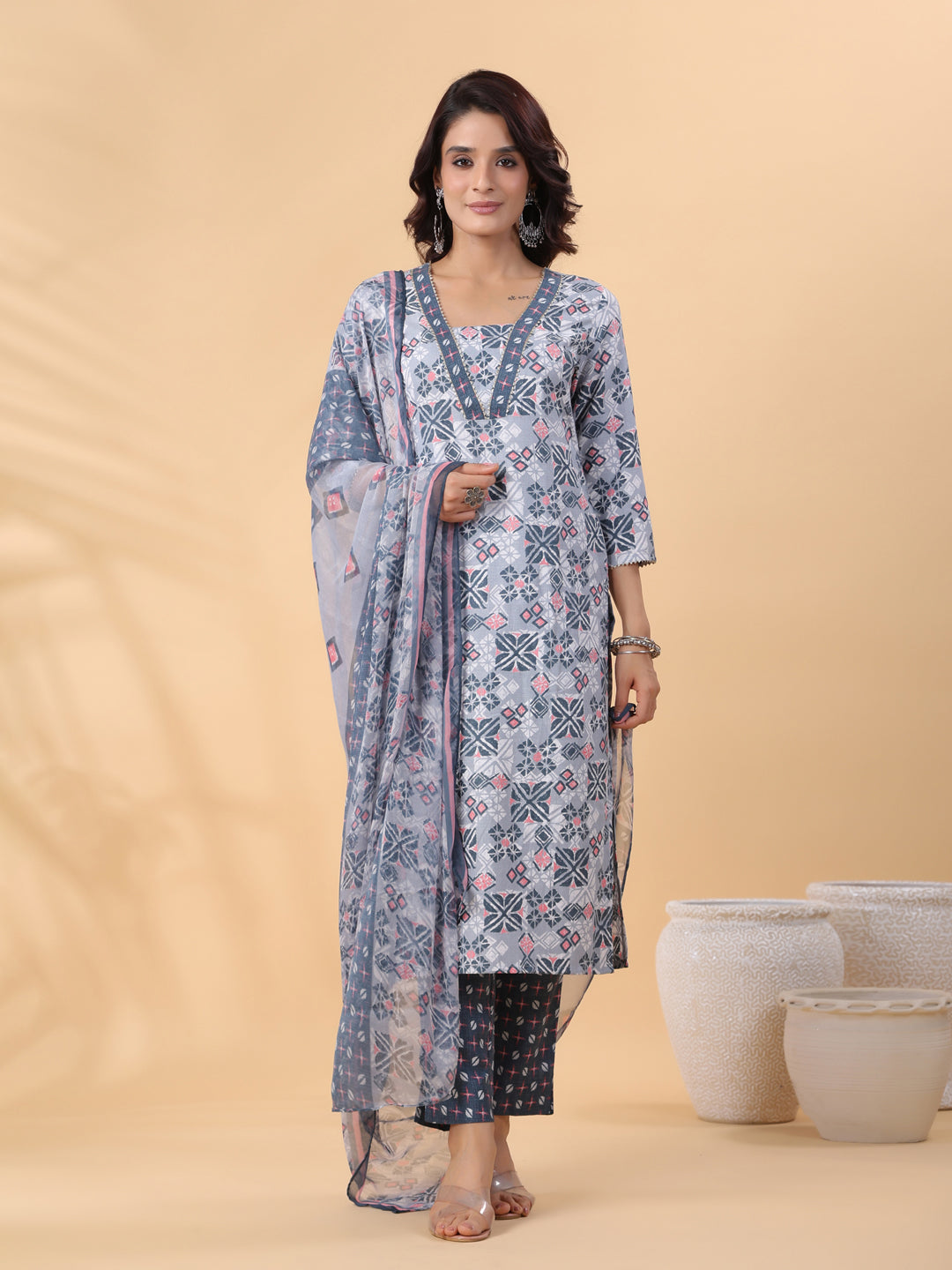 Janasya Regular Biscuit Slub Grey Gemometric Square Neck Kurta,Bottom & Dupatta | Grocsy