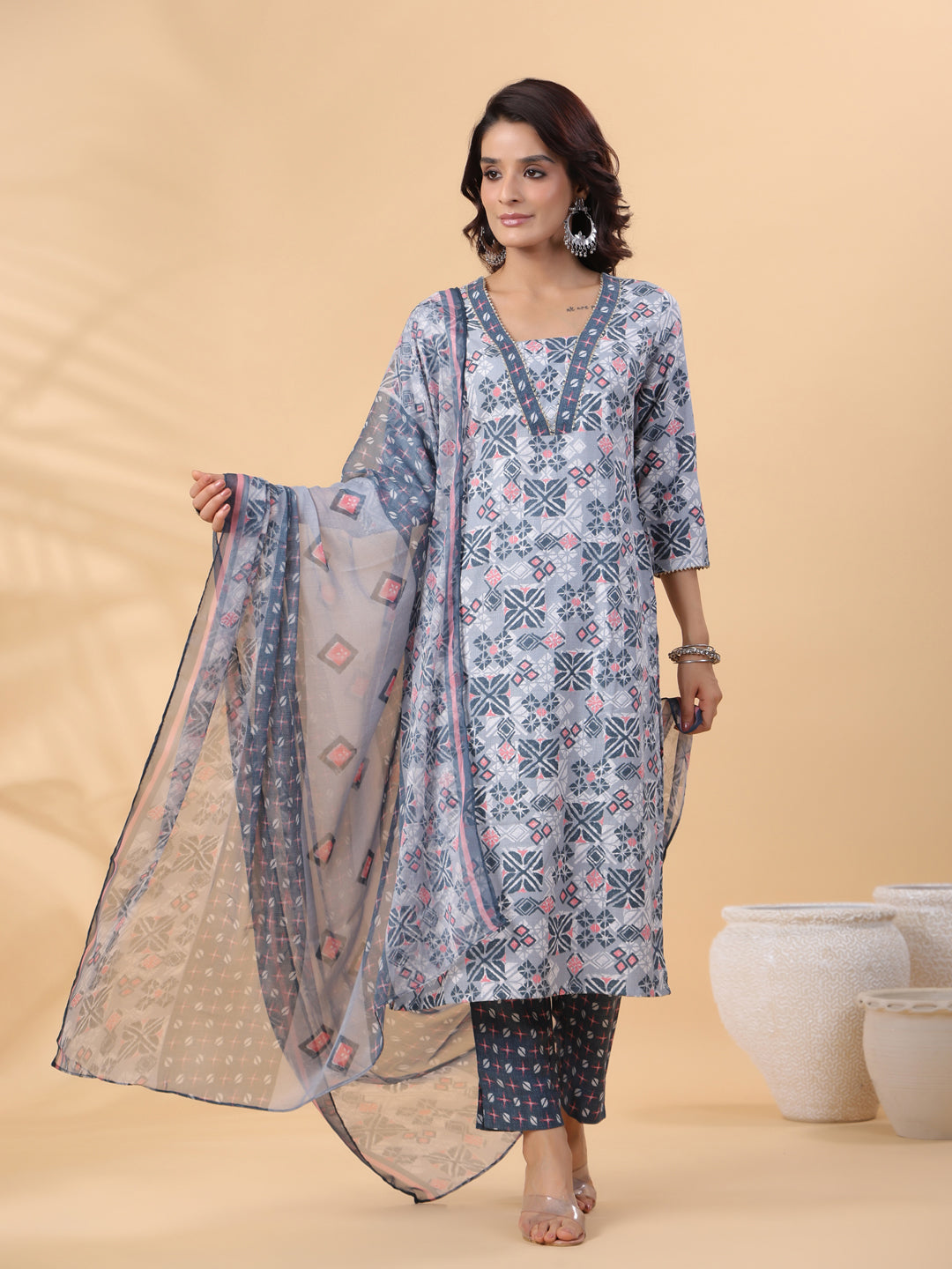 Janasya Regular Biscuit Slub Grey Gemometric Square Neck Kurta,Bottom & Dupatta | Grocsy