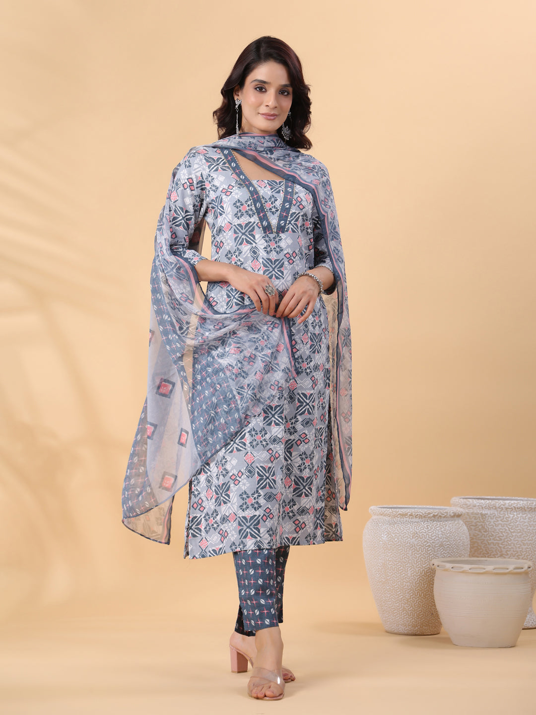 Janasya Regular Biscuit Slub Grey Gemometric Square Neck Kurta,Bottom & Dupatta | Grocsy
