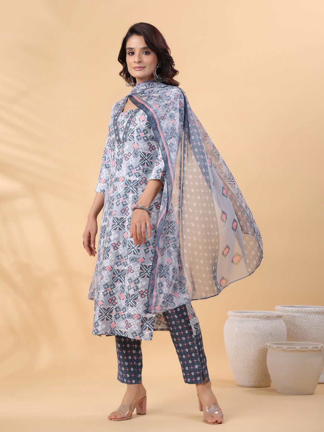 Janasya Regular Biscuit Slub Grey Gemometric Square Neck Kurta,Bottom & Dupatta | Grocsy