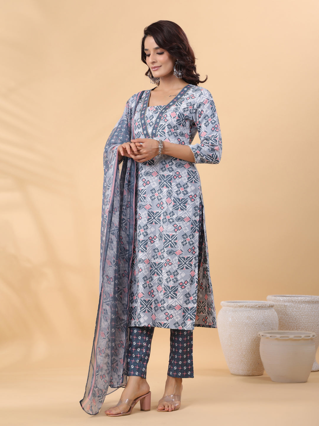 Janasya Regular Biscuit Slub Grey Gemometric Square Neck Kurta,Bottom & Dupatta | Grocsy