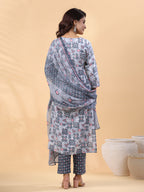 Janasya Regular Biscuit Slub Grey Gemometric Square Neck Kurta,Bottom & Dupatta | Grocsy
