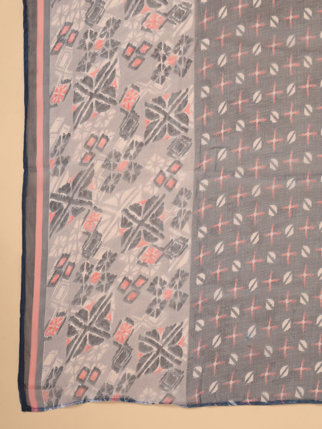Janasya Regular Biscuit Slub Grey Gemometric Square Neck Kurta,Bottom & Dupatta | Grocsy