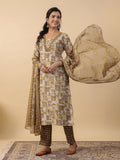 Janasya Regular Biscuit Slub Beige Gemometric Square Neck Kurta,Bottom & Dupatta | Grocsy