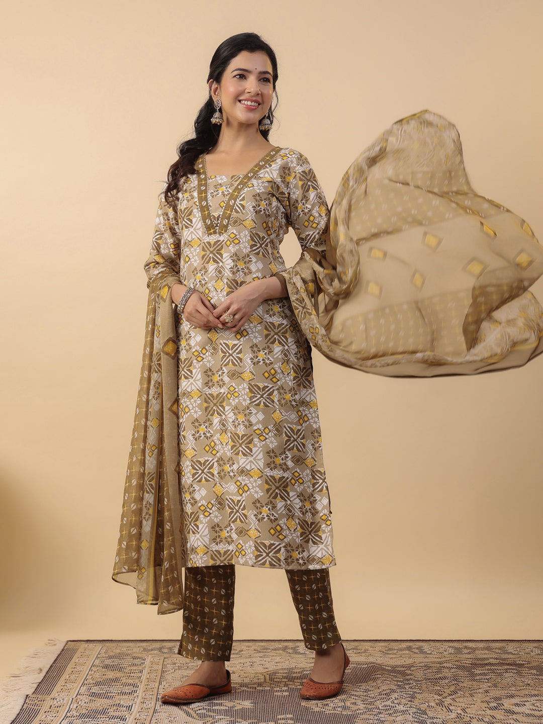 Janasya Regular Biscuit Slub Beige Gemometric Square Neck Kurta,Bottom & Dupatta | Grocsy