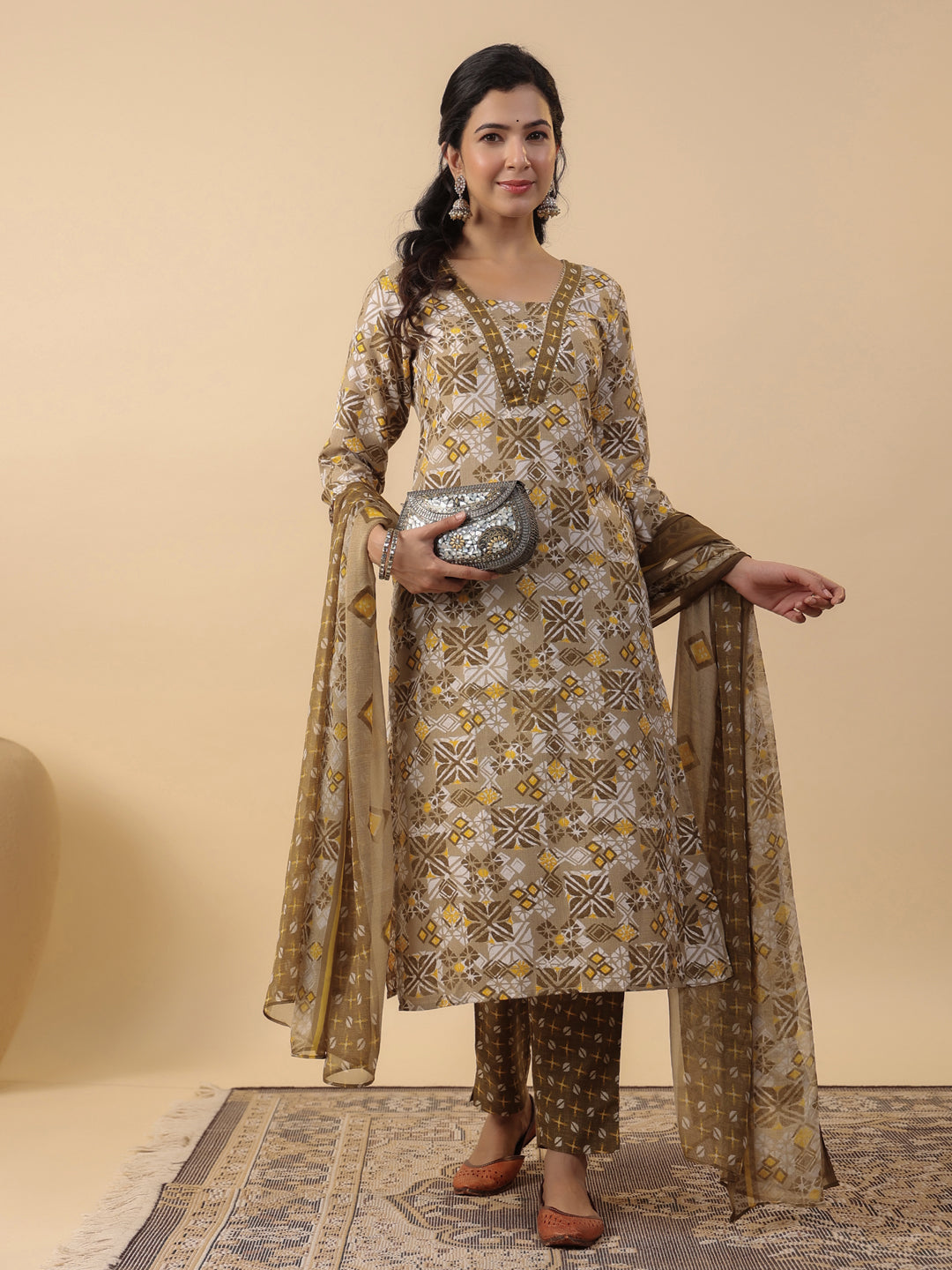 Janasya Regular Biscuit Slub Beige Gemometric Square Neck Kurta,Bottom & Dupatta | Grocsy