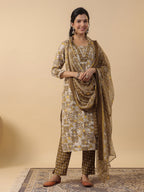 Janasya Regular Biscuit Slub Beige Gemometric Square Neck Kurta,Bottom & Dupatta | Grocsy