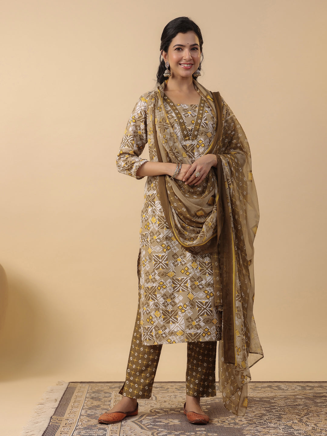 Janasya Regular Biscuit Slub Beige Gemometric Square Neck Kurta,Bottom & Dupatta | Grocsy