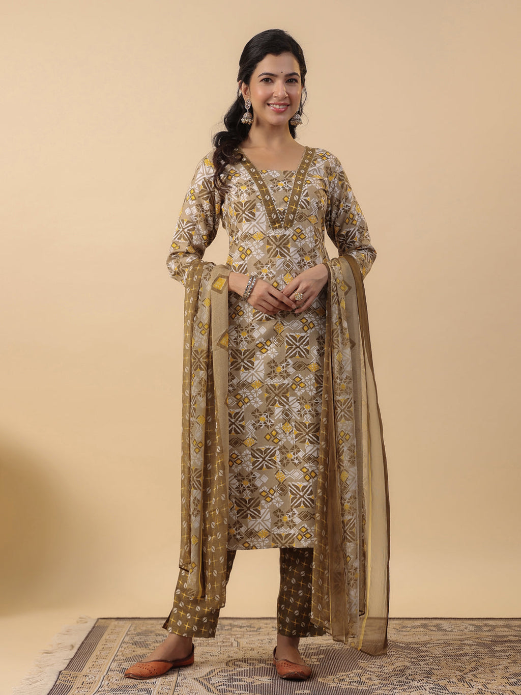 Janasya Regular Biscuit Slub Beige Gemometric Square Neck Kurta,Bottom & Dupatta | Grocsy