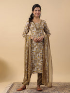 Janasya Regular Biscuit Slub Beige Gemometric Square Neck Kurta,Bottom & Dupatta | Grocsy