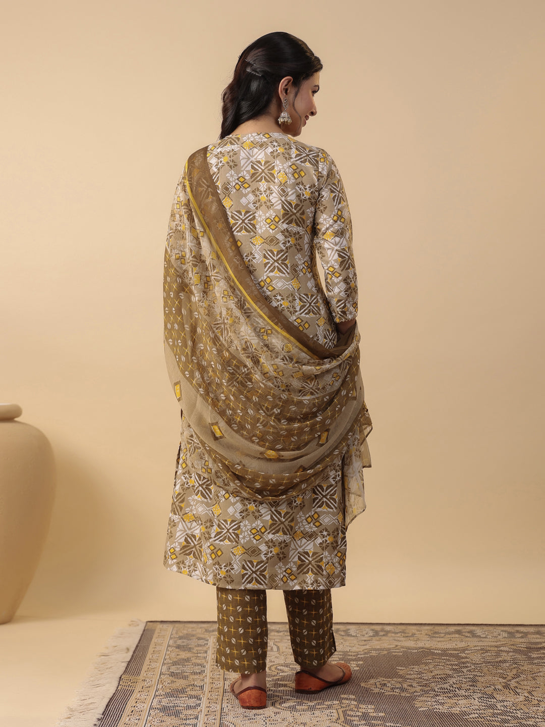 Janasya Regular Biscuit Slub Beige Gemometric Square Neck Kurta,Bottom & Dupatta | Grocsy