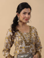 Janasya Regular Biscuit Slub Beige Gemometric Square Neck Kurta,Bottom & Dupatta | Grocsy
