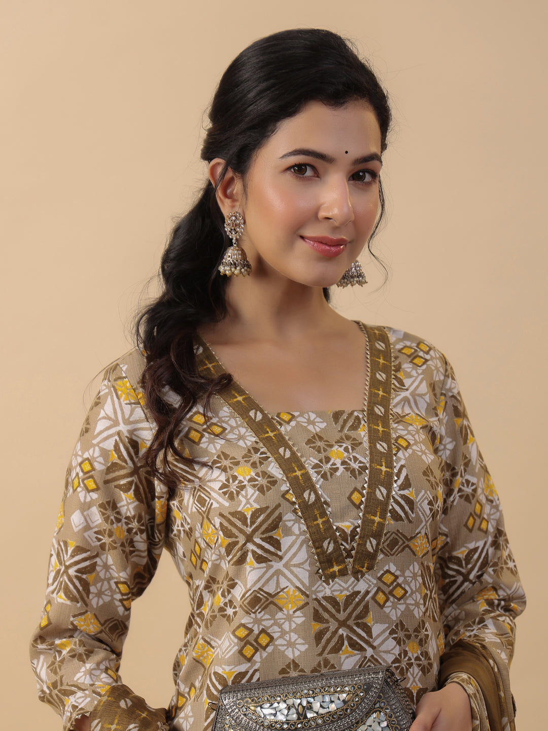 Janasya Regular Biscuit Slub Beige Gemometric Square Neck Kurta,Bottom & Dupatta | Grocsy