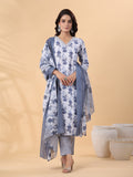 Janasya Regular Magics Slub White Floral V-Neck Kurta,Bottom & Dupatta | Grocsy