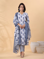 Janasya Regular Magics Slub White Floral V-Neck Kurta,Bottom & Dupatta | Grocsy