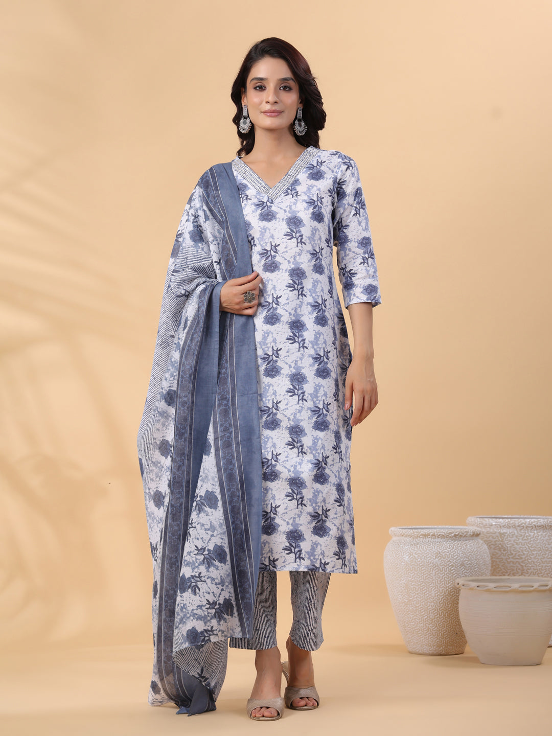 Janasya Regular Magics Slub White Floral V-Neck Kurta,Bottom & Dupatta | Grocsy