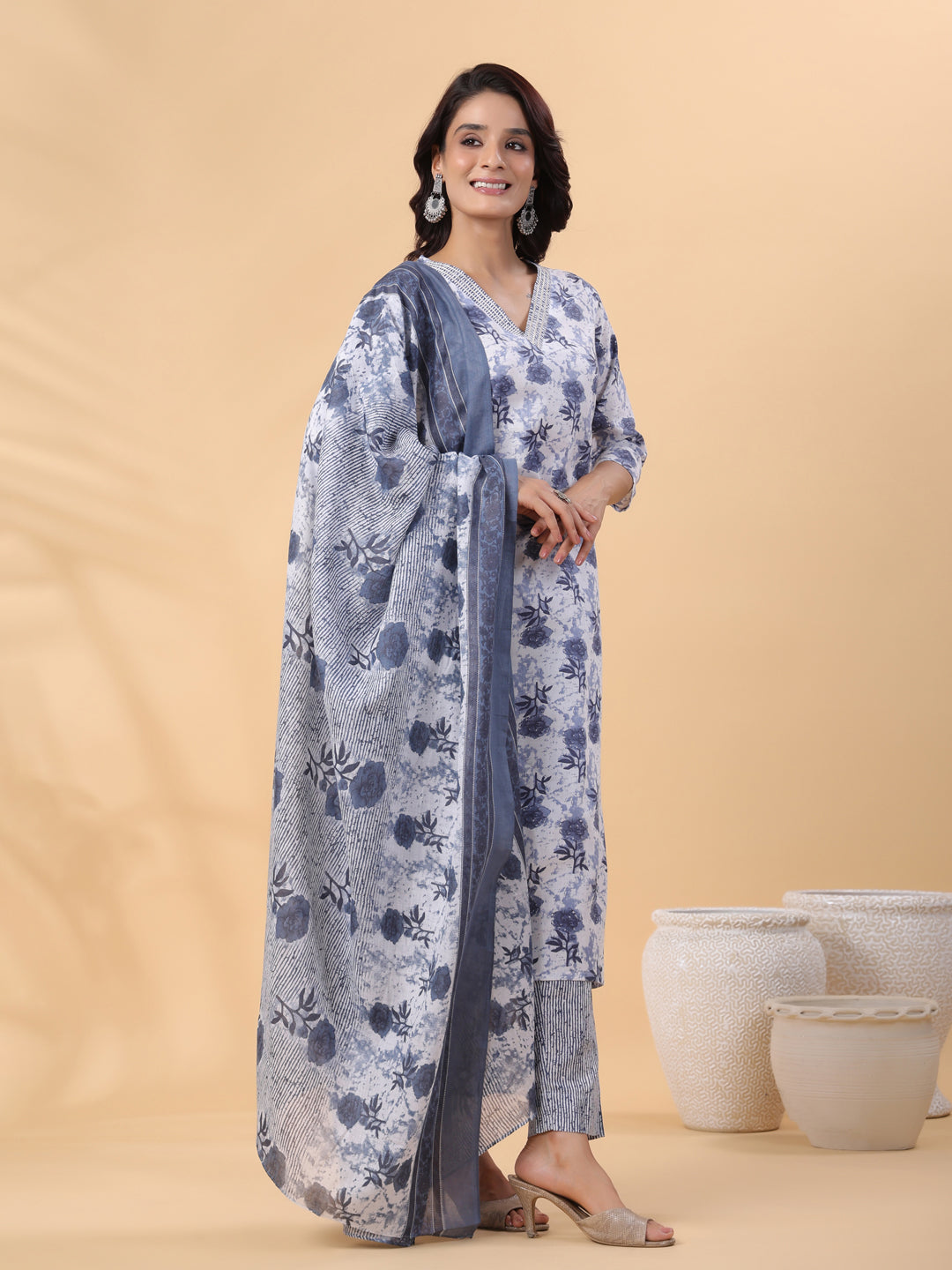 Janasya Regular Magics Slub White Floral V-Neck Kurta,Bottom & Dupatta | Grocsy