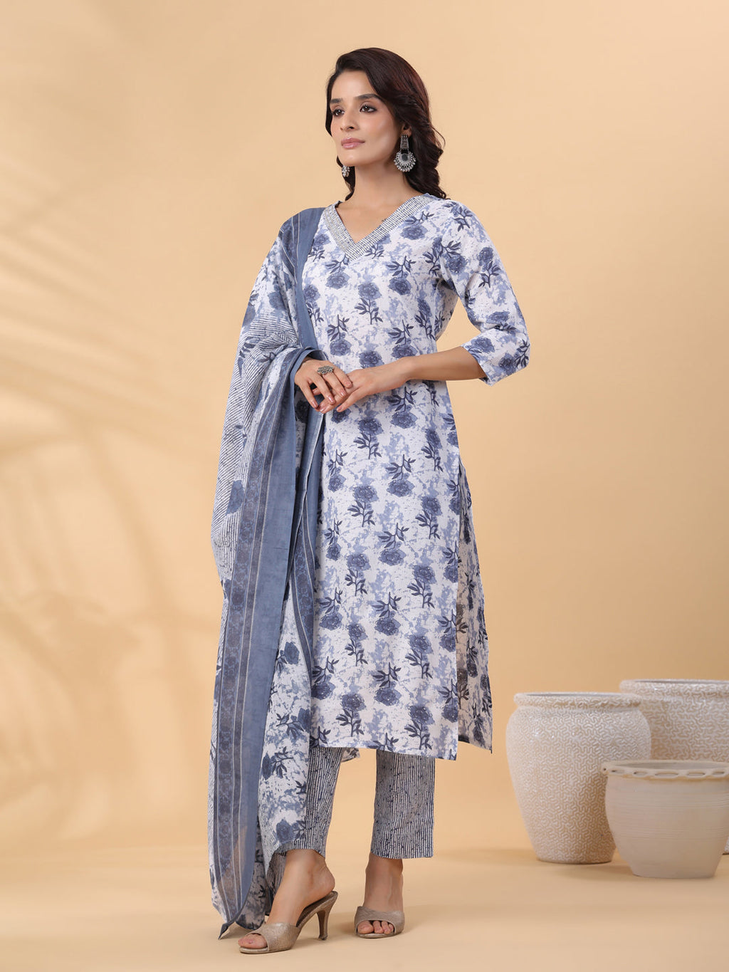 Janasya Regular Magics Slub White Floral V-Neck Kurta,Bottom & Dupatta | Grocsy