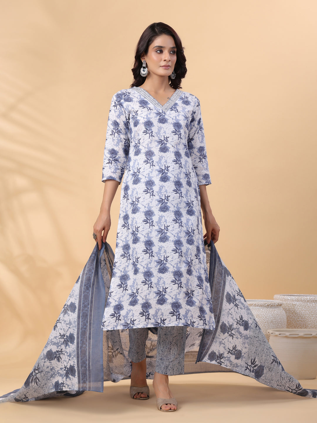 Janasya Regular Magics Slub White Floral V-Neck Kurta,Bottom & Dupatta | Grocsy