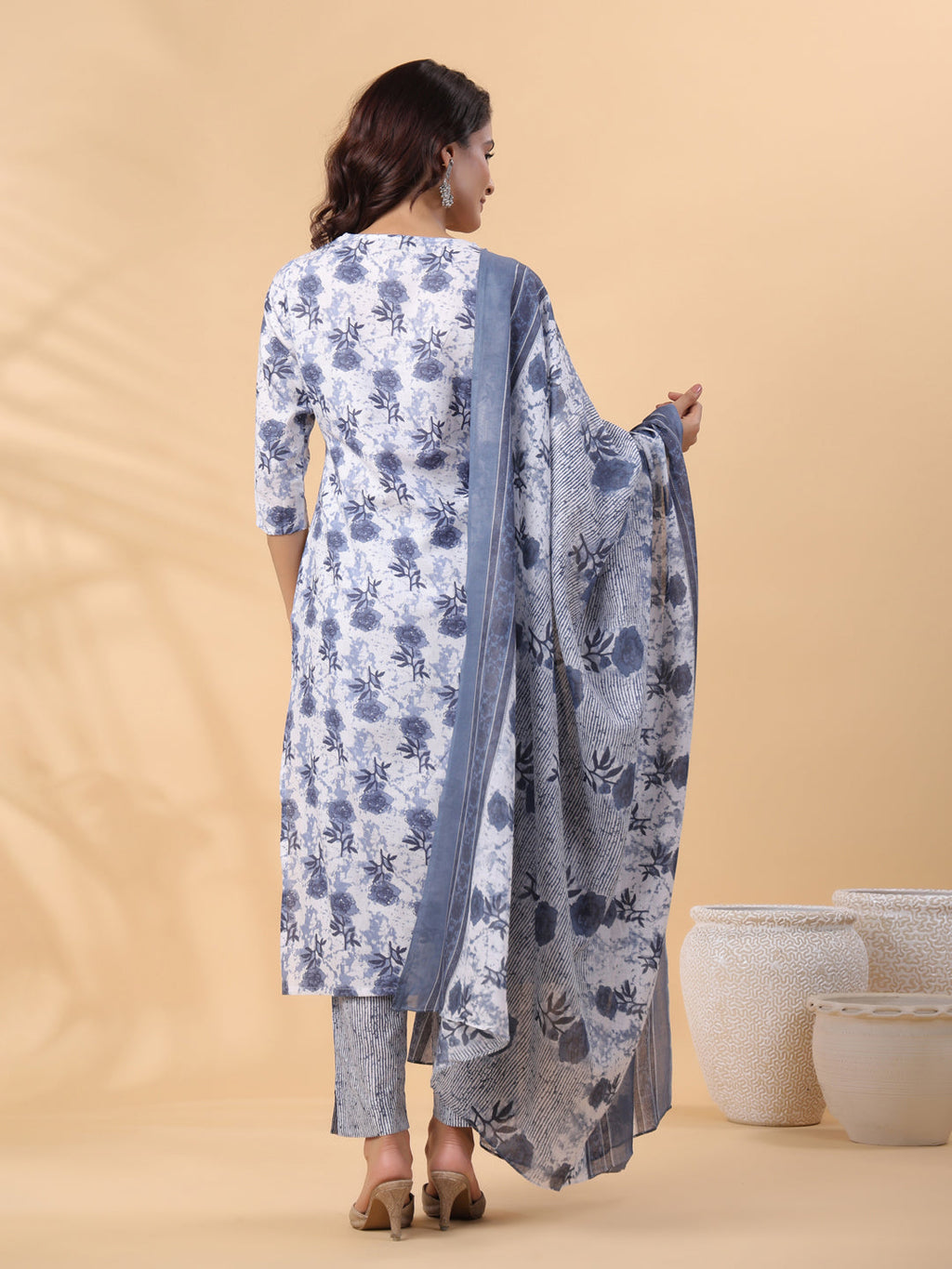 Janasya Regular Magics Slub White Floral V-Neck Kurta,Bottom & Dupatta | Grocsy