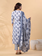 Janasya Regular Magics Slub White Floral V-Neck Kurta,Bottom & Dupatta | Grocsy