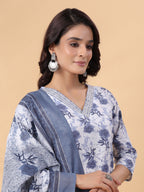 Janasya Regular Magics Slub White Floral V-Neck Kurta,Bottom & Dupatta | Grocsy