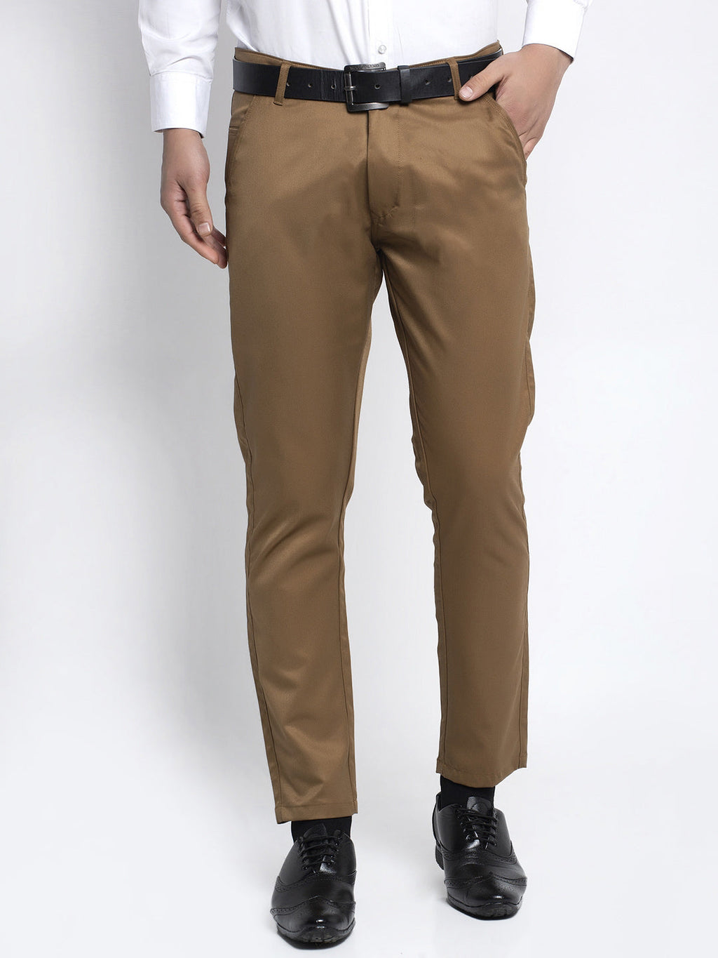 Jainish Men's Brown Tapered Fit Formal Trousers | Grocsy