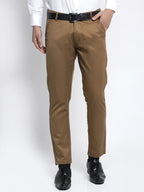 Jainish Men's Brown Tapered Fit Formal Trousers | Grocsy