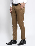 Jainish Men's Brown Tapered Fit Formal Trousers | Grocsy