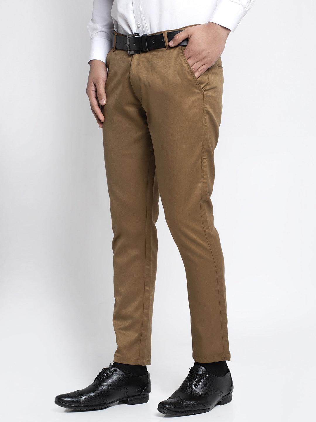 Jainish Men's Brown Tapered Fit Formal Trousers | Grocsy