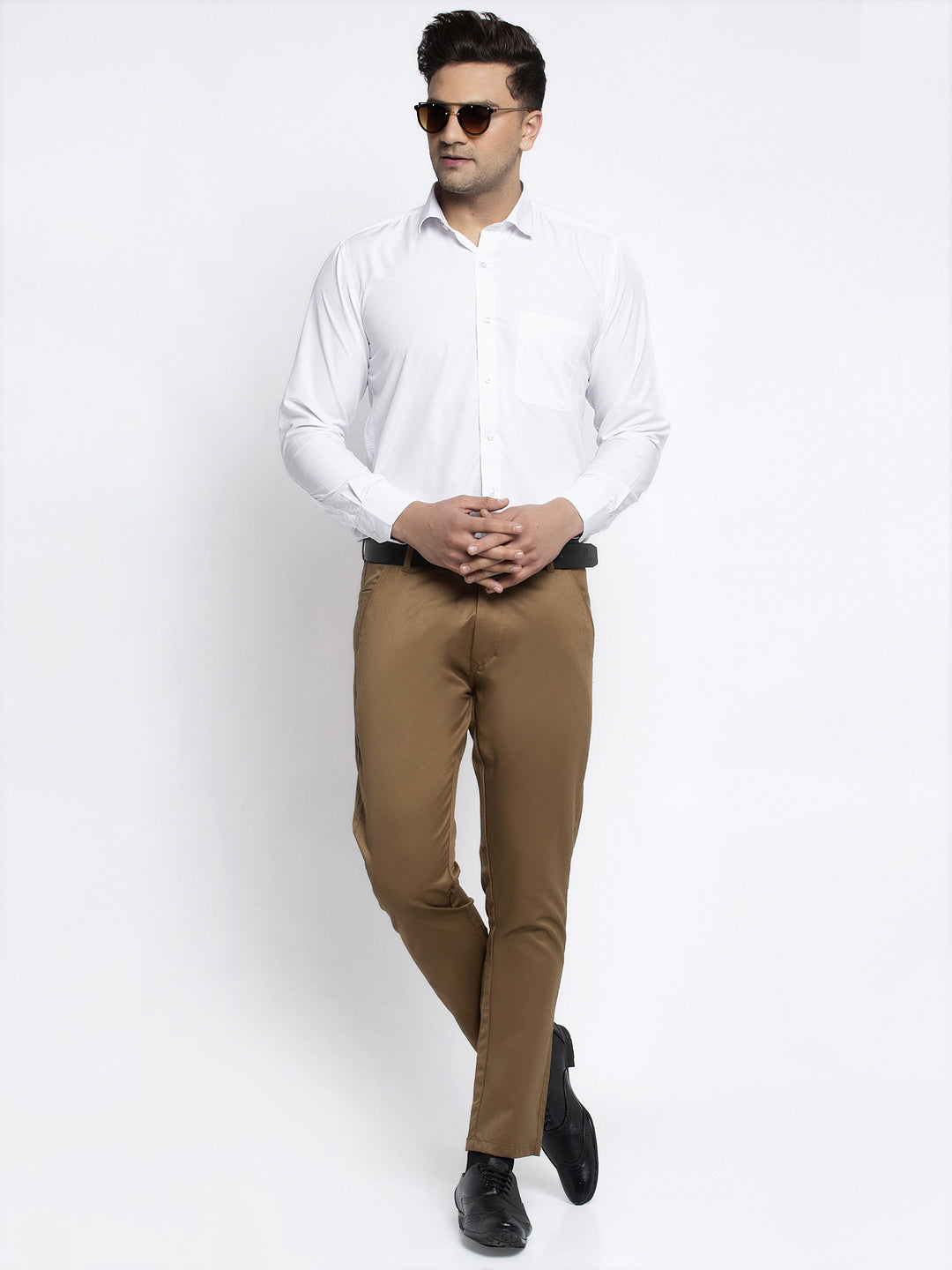 Jainish Men's Brown Tapered Fit Formal Trousers | Grocsy