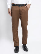 Jainish Men's Brown Tapered Fit Formal Trousers | Grocsy