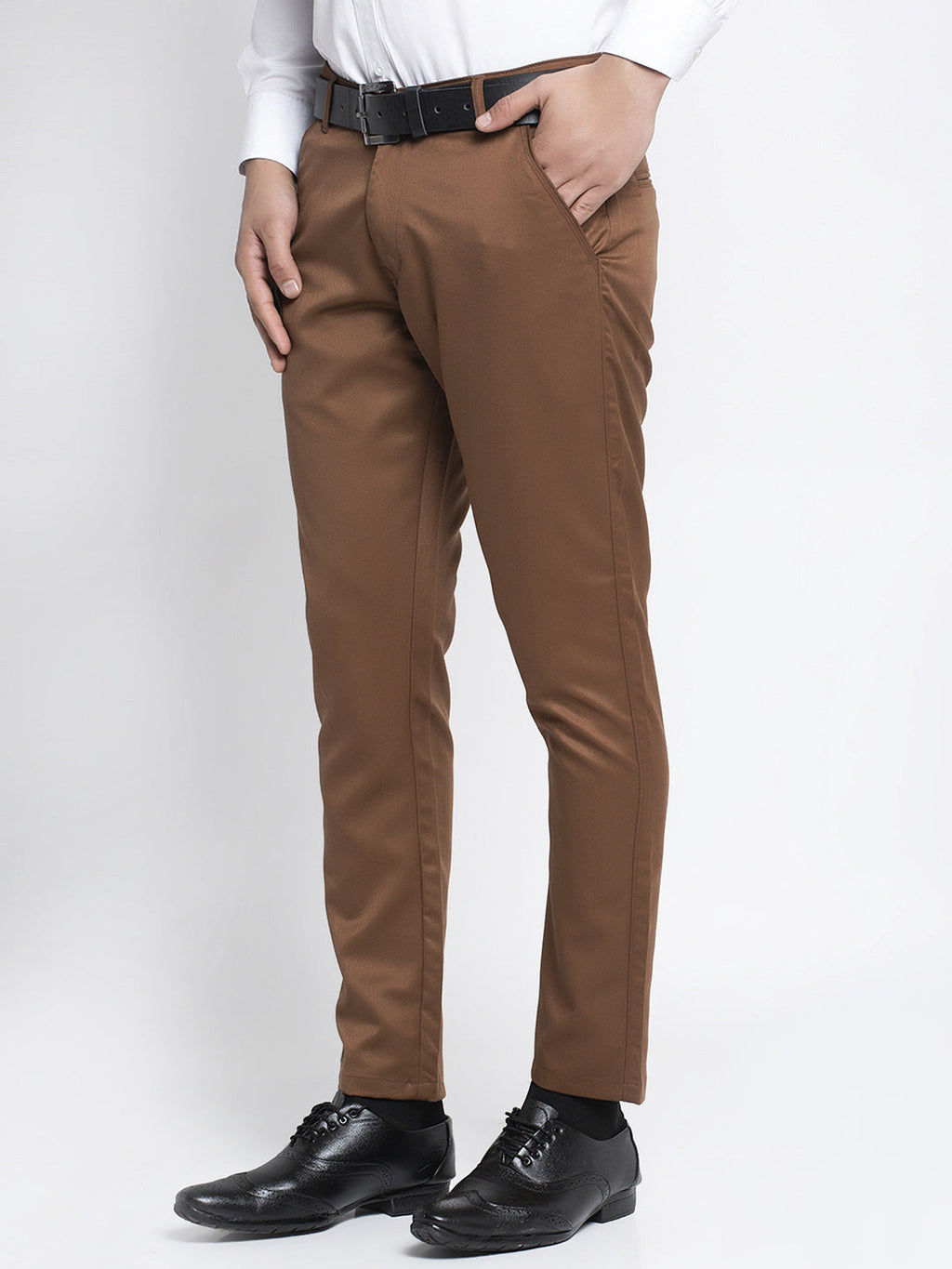 Jainish Men's Brown Tapered Fit Formal Trousers | Grocsy