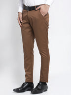 Jainish Men's Brown Tapered Fit Formal Trousers | Grocsy