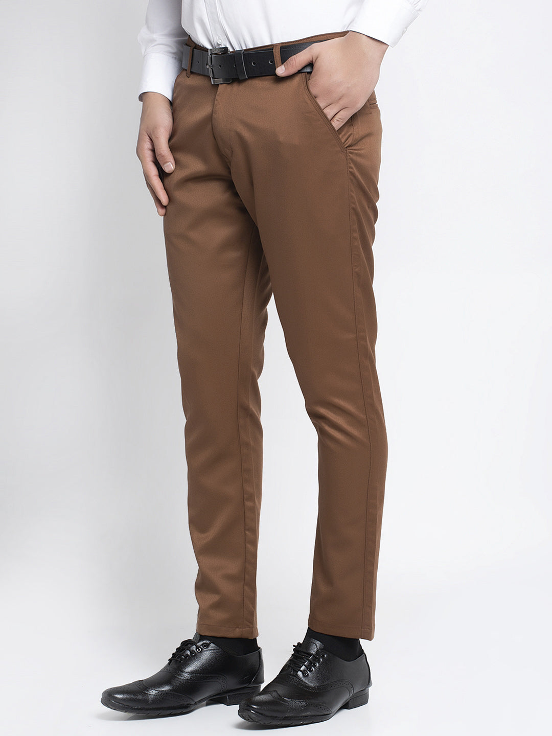 Jainish Men's Brown Tapered Fit Formal Trousers | Grocsy