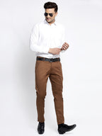 Jainish Men's Brown Tapered Fit Formal Trousers | Grocsy