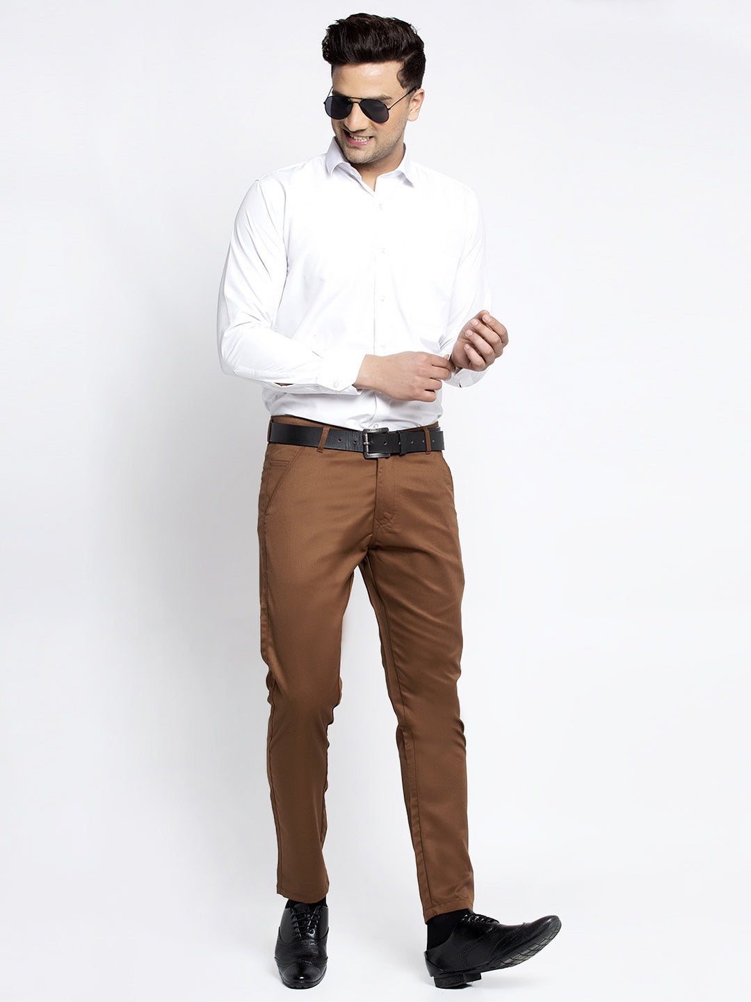 Jainish Men's Brown Tapered Fit Formal Trousers | Grocsy